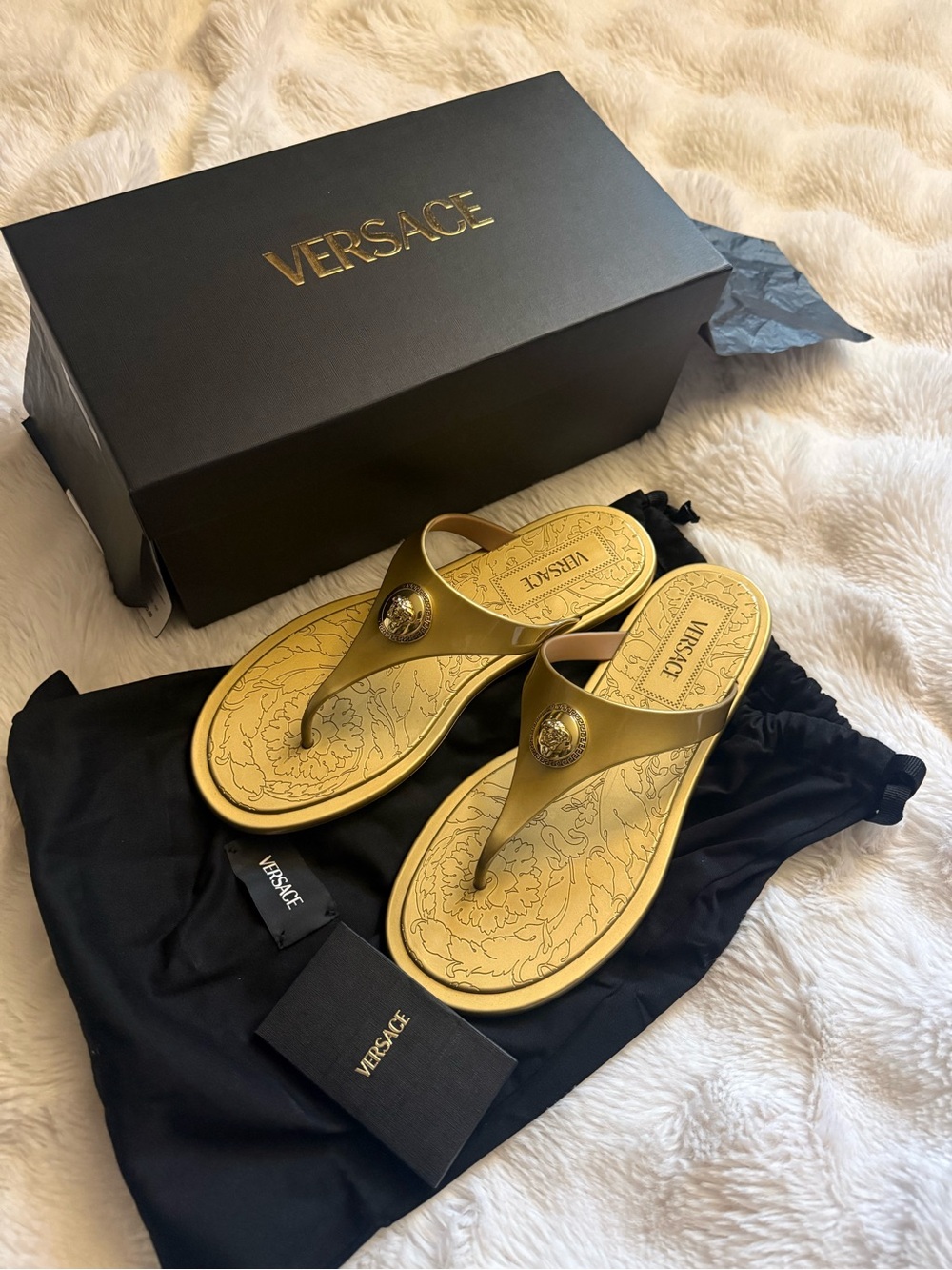New w Tags Versace Metallic Gold Medusa Thong Sandals with Embossed Footbed